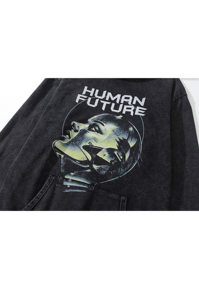 Bionic hoodie cyborg print pullover grunge top in acid grey