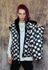 Faux fur bomber jacket reversible check print puffer black