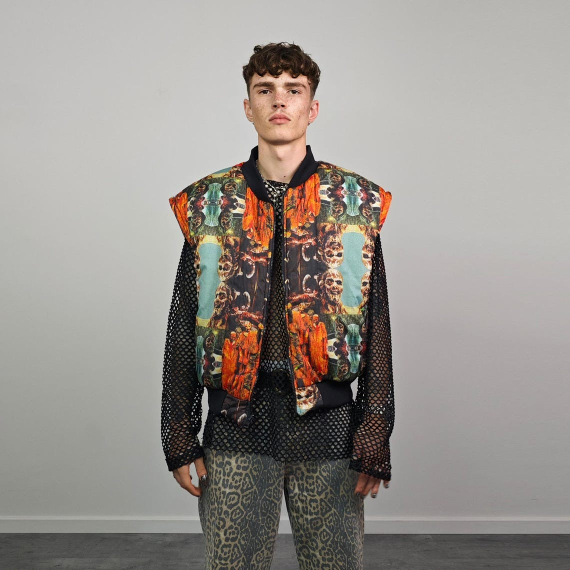 Zombie print bomber horror fan jacket creepy reversible college varsity detachable sleeves handmade tartan grunge punk coat