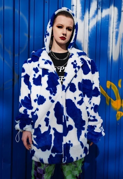 Cow fleece coat handmade 2 in 1 animal print jacket in blue