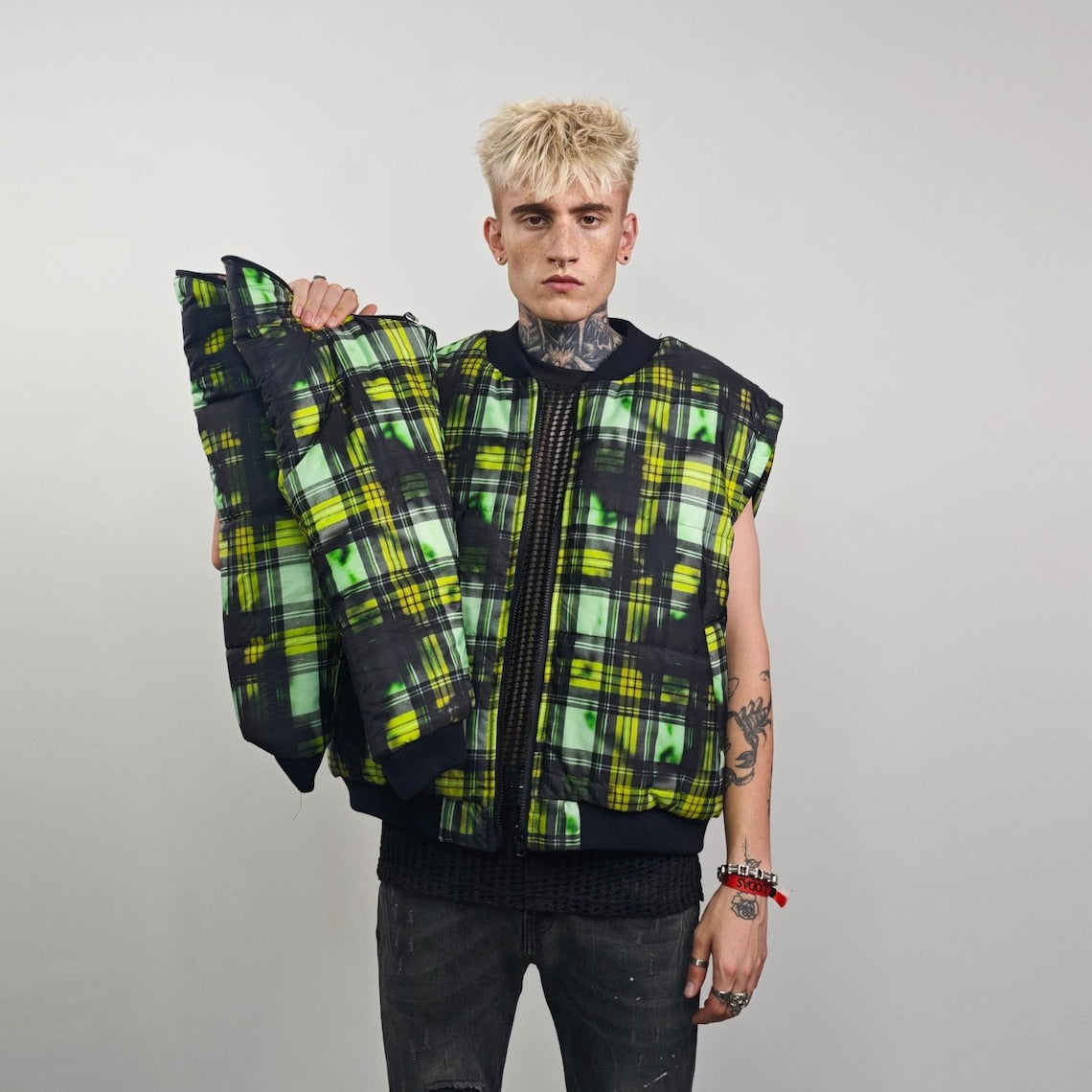 Tie-dye check bomber green brat jacket raver reversible college varsity detachable sleeves handmade plaid puffer grunge punk rocker coat