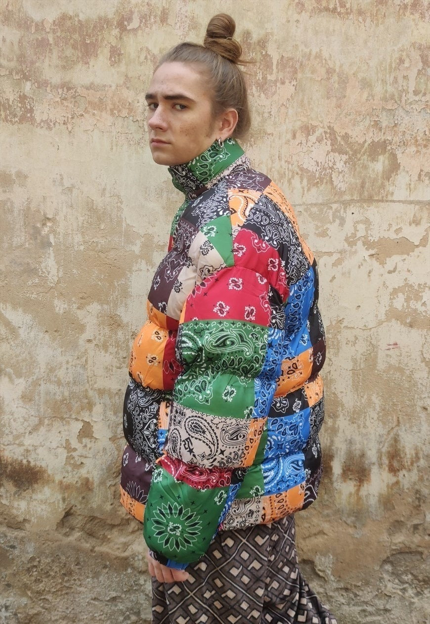 Paisley bomber bandanna print puffer quilted jacket in multi