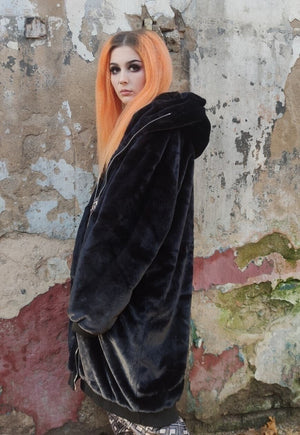 Long fleece coat faux fur hooded bomber long trench in black