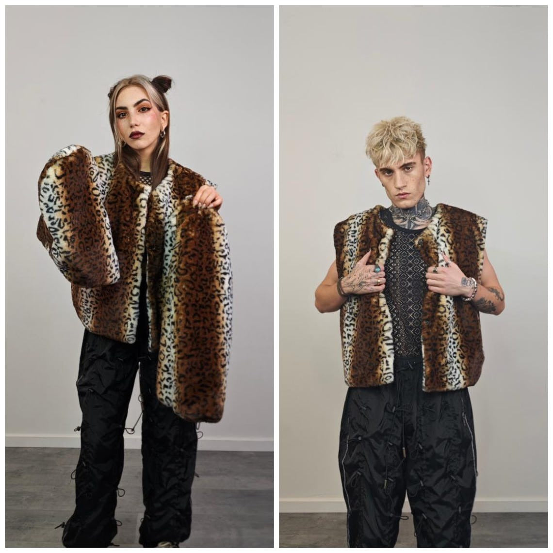Animal print collarless coat brown short leopard jacket cheetah trench faux fur detachable sleeves spot pattern festival overcoat fleece