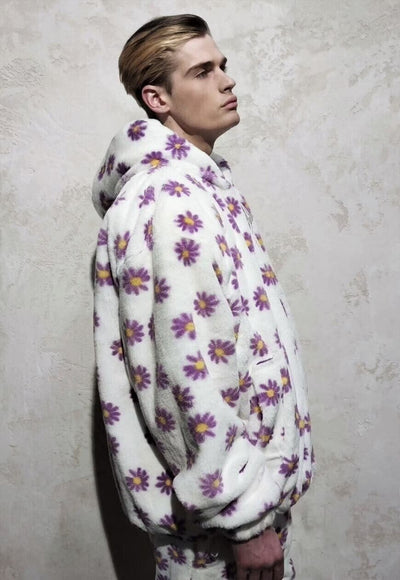 Daisy fleece bomber handmade retro floral track jacket white