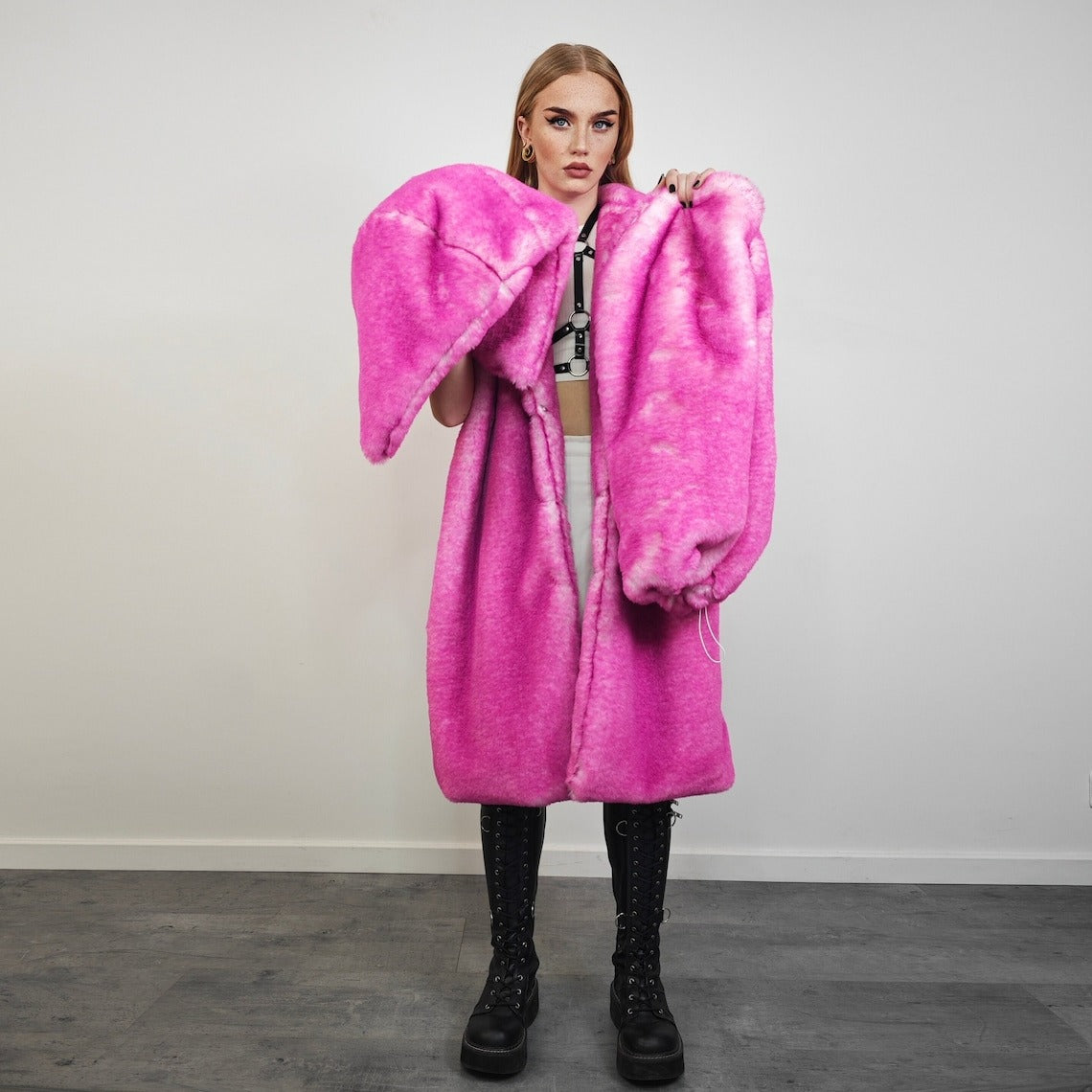 Pink fur coat neon long trench fluorescent psychedelic overcoat heavy rave bomber festival geometric jacket custom going out bright peacoat