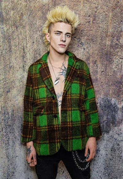 Plaid fleece blazer woollen check jacket retro bomber green