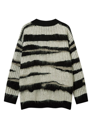 Fluffy striped cardigan fuzzy zebra jumper knitted top grey