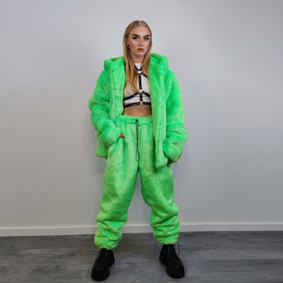 Neon faux fur joggers winter raver pants fluffy skiing trousers mountain fleece overalls festival bottoms burning man pants in green