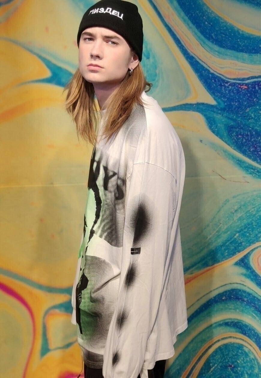 Raver graffiti jumper 90s punk top y2k slogan tee in white