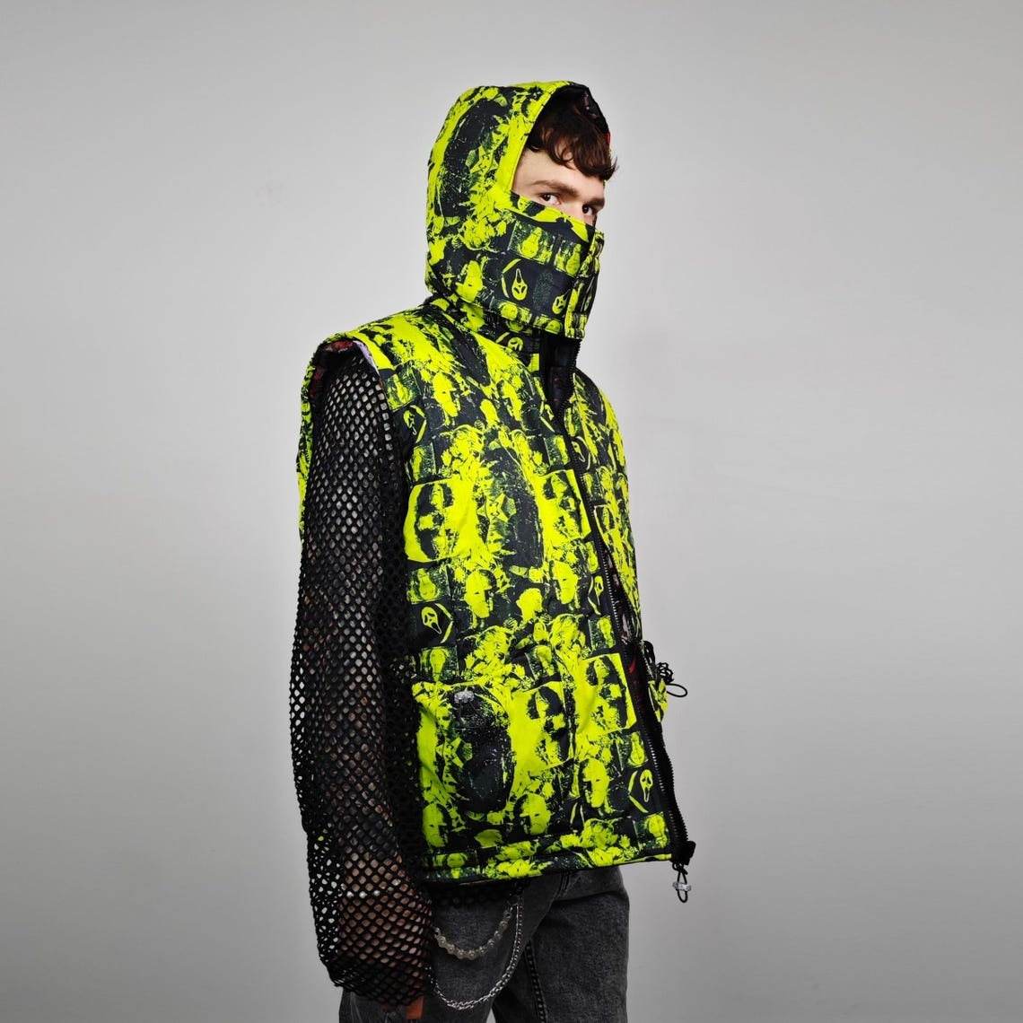 Horror fan jacket creepy print bomber green reversible punk college varsity detachable sleeves handmade gothic puffer hooded festival coat