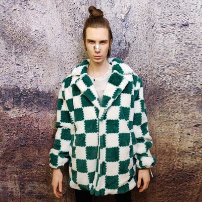 Check fleece jacket handmade 2 in 1 fluffy chess coat green