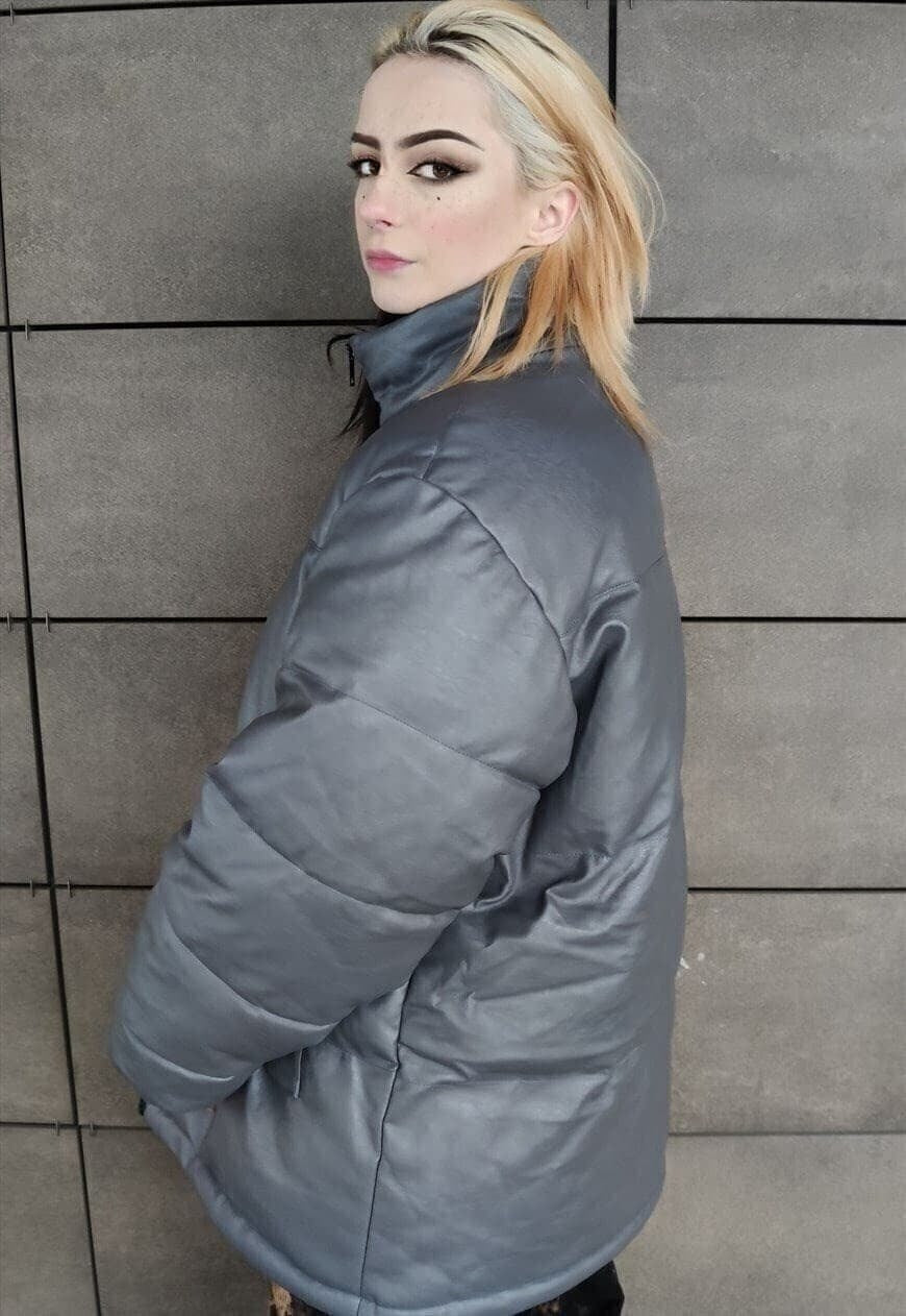 Faux leather quilted bomber rubber padded puffer jacket grey