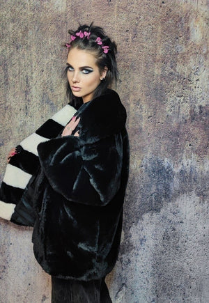 Faux fur coat fluffy trench jacket stripe bomber in black