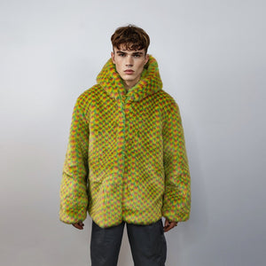 Checked faux fur hooded jacket geometric bomber bright raver coat fluffy winter fleece festival puffer neon burning man hoodie in yellow