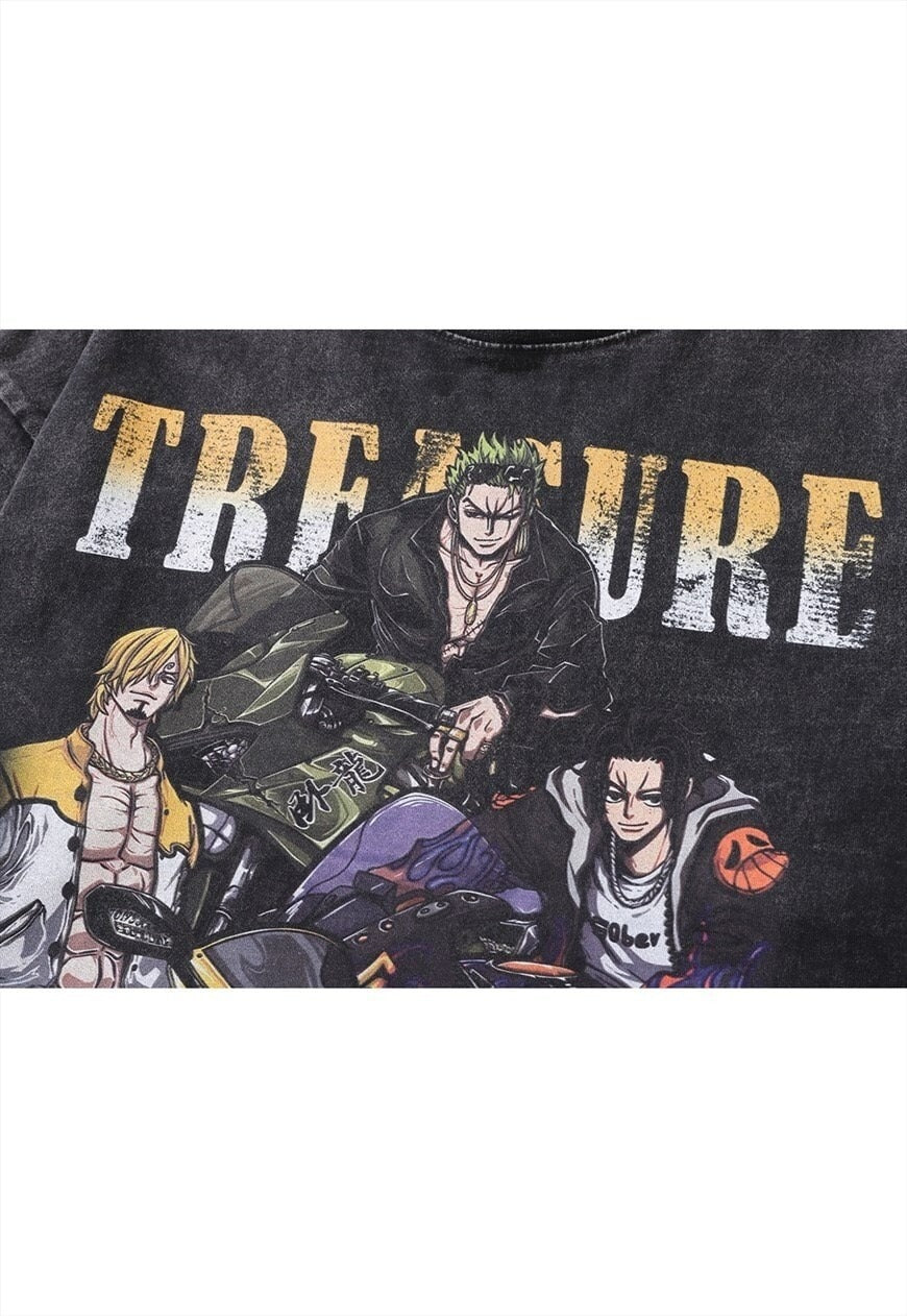 Anime t-shirt vintage wash Japanese cartoon top long tee