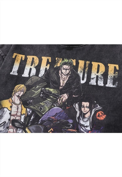 Anime t-shirt vintage wash Japanese cartoon top long tee