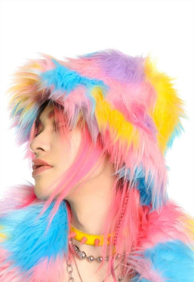 Rainbow bucket hat faux fur fluffy unicorn hat rave cap pink