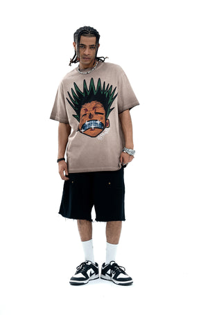 Angry boy t-shirt hunter cartoon tee retro anime top in grey