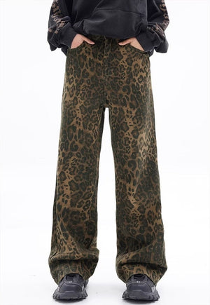 Leopard jeans animal print denim trouser high waist cheetah pants flared tiger pants in brown