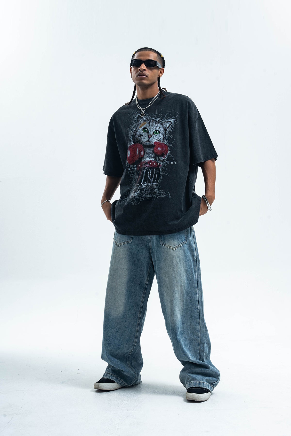 Boxer t-shirt kitten print top cat tee grunge jumper in black