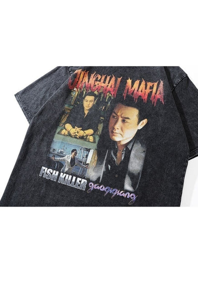 Jinghai mafia t-shirt Kung fu tee retro Japanese top black