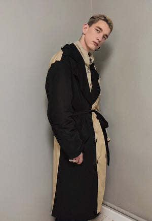 Contrast color stitched trench coat asymmetric mac in cream