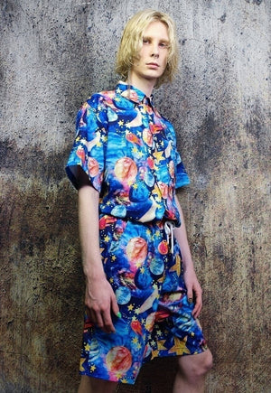 Space shorts night sky print crop board overalls in blue