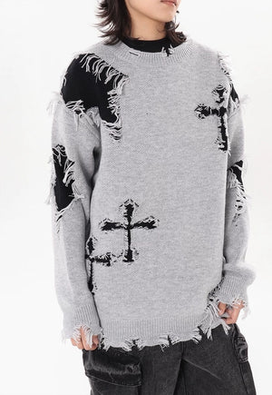 Cross patch sweater grey ripped y2k punk jumper Gothic top