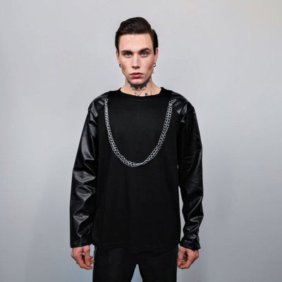 Faux leather sleeves sweatshirt chain attachment jumper Gothic pullover punk sweater utility top Yamamoto style tee going out top in black