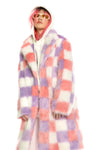 Checked shaggy fur longline coat geometric pattern jacket rave bomber fluffy festival coat fleece party bomber pastel burning man coat pink