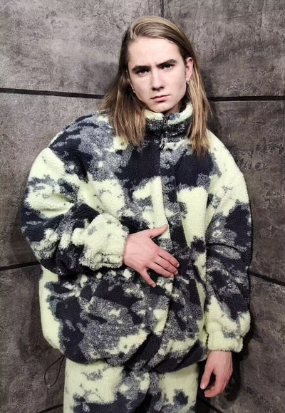 Tie-dye fleece bomber handmade camo sports jacket in green