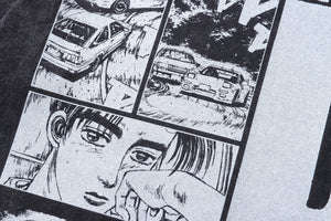 Black white anime t-shirt racing cartoon tee Japanese top in vintage grey