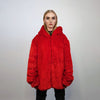 Hooded red faux fur jacket shaggy bomber bright raver puffer fluffy winter fleece festival coat burning man trench fancy dress overcoat