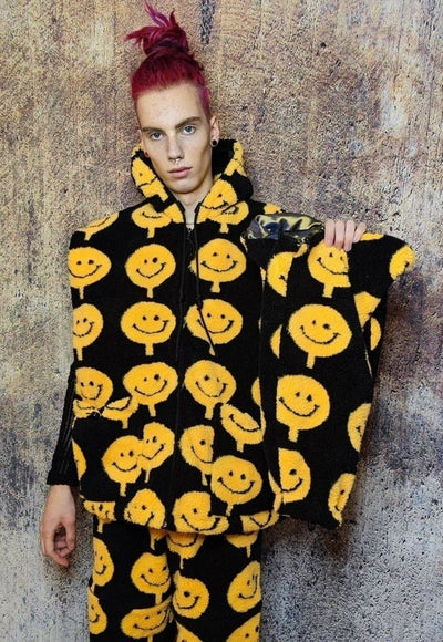 Emoji fleece jacket handmade detachable raver puffer black