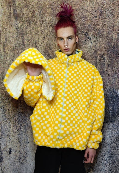 Tartan hood jacket reversible fleece emoji bomber in yellow