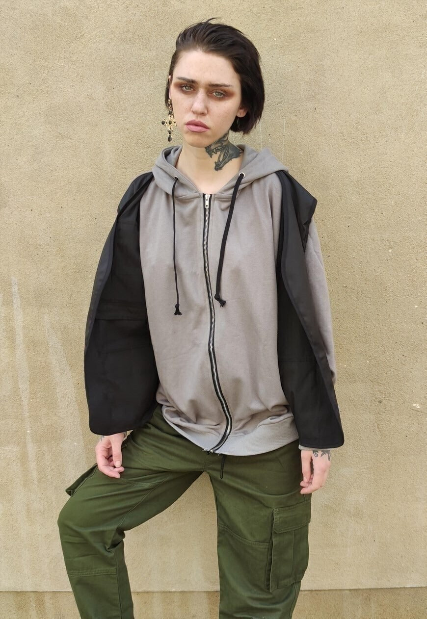 2 in 1 Drop shoulder hoodie utility cargo vest set in grey