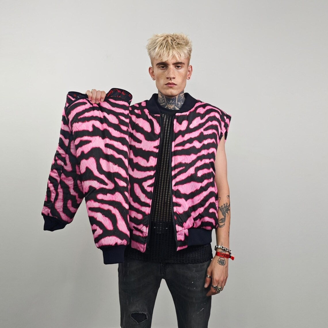 Tiger bomber pink animal print jacket raver reversible college varsity detachable sleeves handmade zebra puffer grunge festival stripe coat