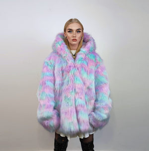 Hooded candy faux fur jacket unicorn bomber neon raver puffer fluffy tie-dye fleece psychedelic festival coat burning man party trench pink