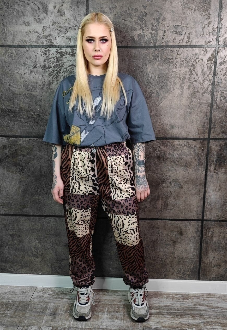 Leopard joggers handmade animal print raver pants in brown