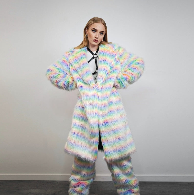 Striped shaggy fur coat longline pastel stripe carnival trench Gay overcoat fuzzy rave bomber Pride festival jacket LGBT custom peacoat