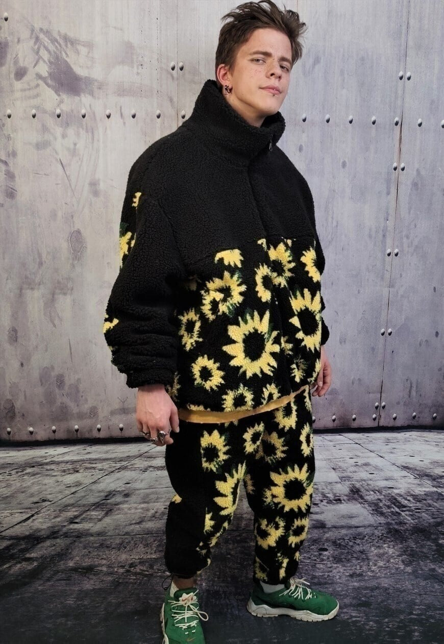 Sunflower fleece joggers handmade Daisy pants floral bottoms