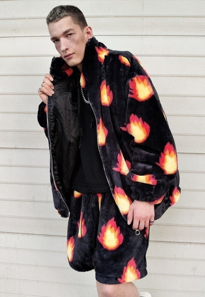 Flame fleece jacket handmade fire bolt bomber in black