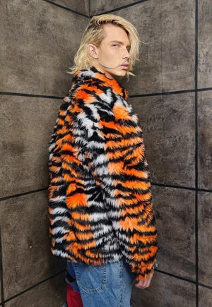 Faux fur tiger jacket zebra fleece tie-dye bomber in orange