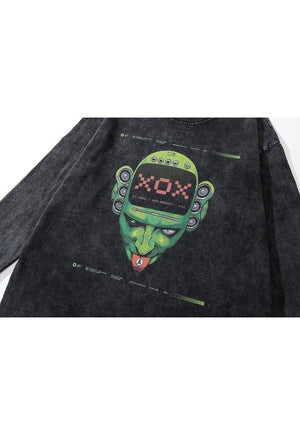 Monster t-shirt cyber punk long tee old retro top acid black