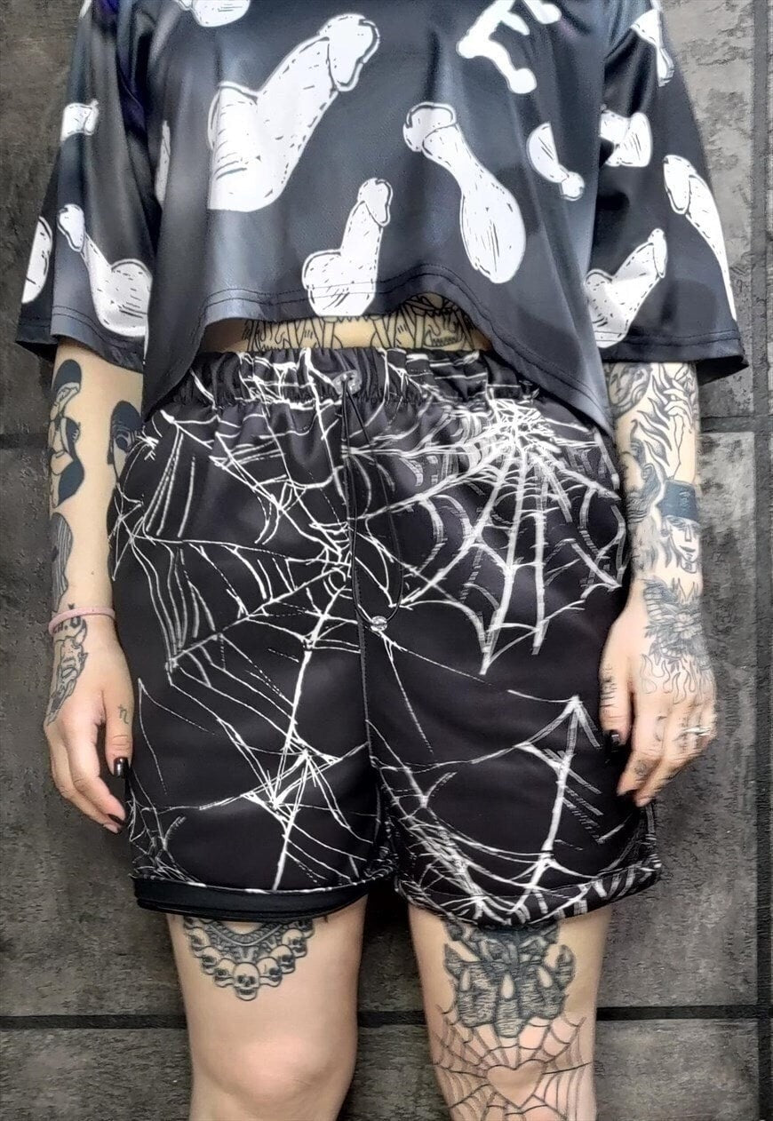 Spider web print shorts handmade Gothic overalls in black