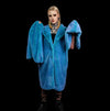 Neon faux fur long coat hooded trench bright raver bomber detachable fleece festival removable sleeves burning man jacket in electric blue