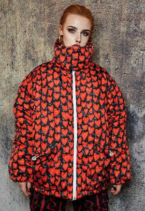 Heart print bomber handmade detachable retro love emoji puffer devil horn reversible grunge jacket two sided raver coat in white and red