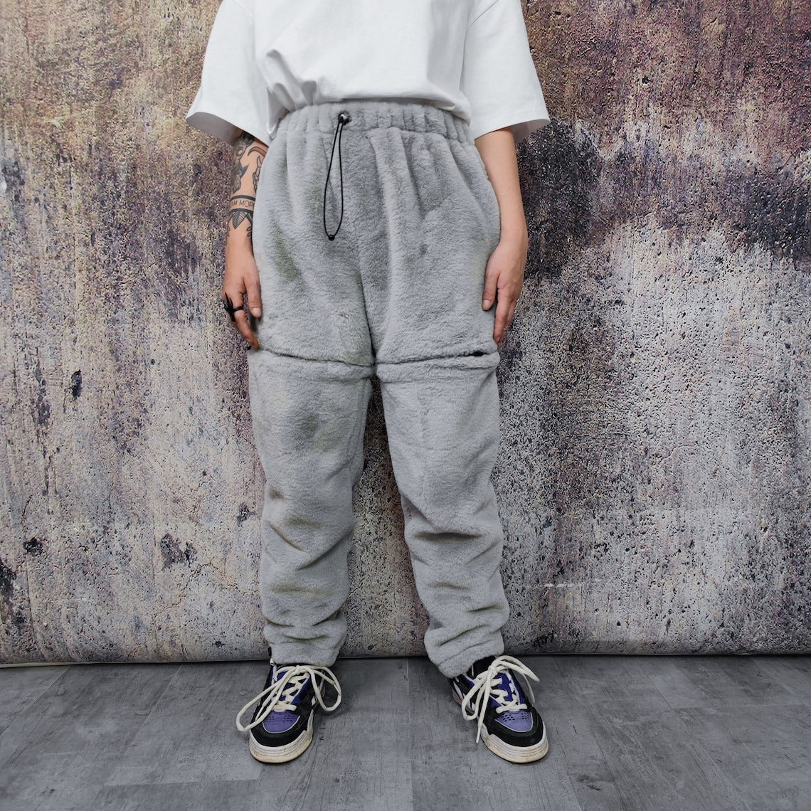 Grey soft fleece joggers luminous detachable pants handmade shiny faux fur raver shorts premium festival overalls in electric light gray