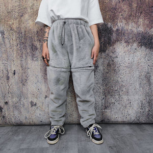 Grey soft fleece joggers luminous detachable pants handmade shiny faux fur raver shorts premium festival overalls in electric light gray